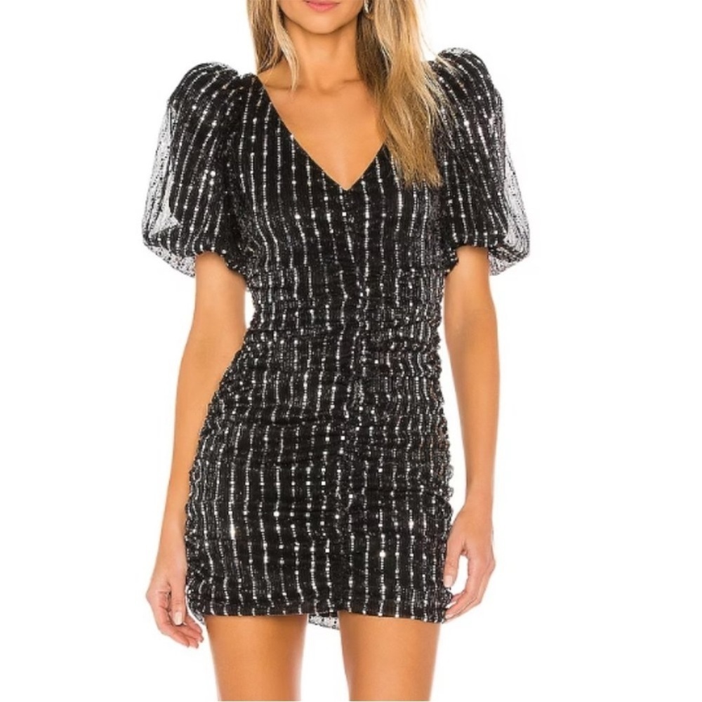 Lovers + Friends Bishop Metallic Puff Sleeves Black Embellished Mini Dress